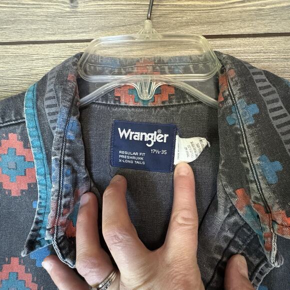 VTG Wrangler Brushpopper Shirt Mens 17.5 X 35 Black Aztec X Long Tail Cowboy XL - Picture 7 of 13